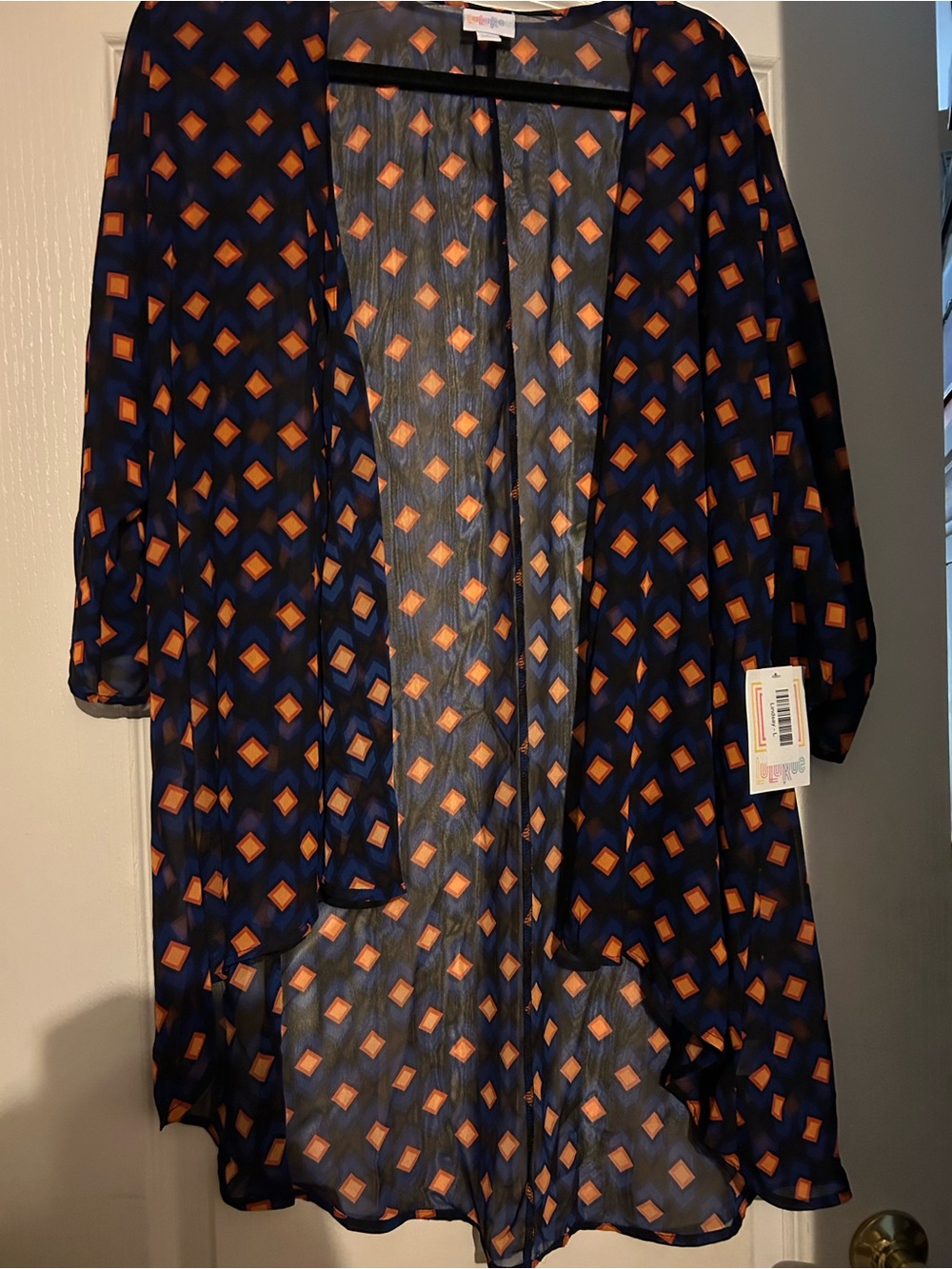 LuLaRoe Lindsay Navy and Orange Geometric Sheer Kimono Large